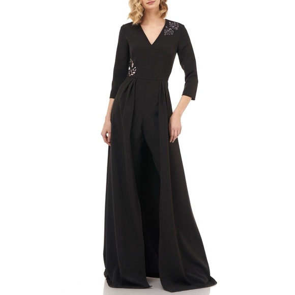 Kay Unger Pants - Kay Unger Margherita Stretch Crepe Walk Thru Jumpsuit Art Deco Beading